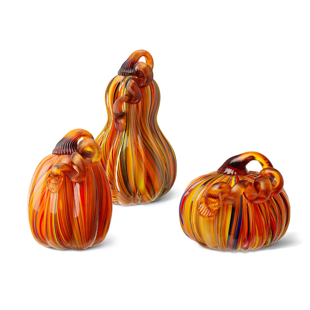 Set of 2/3 Handmade Mouthblown Multi Striped Glass Pumpkin & Gourd